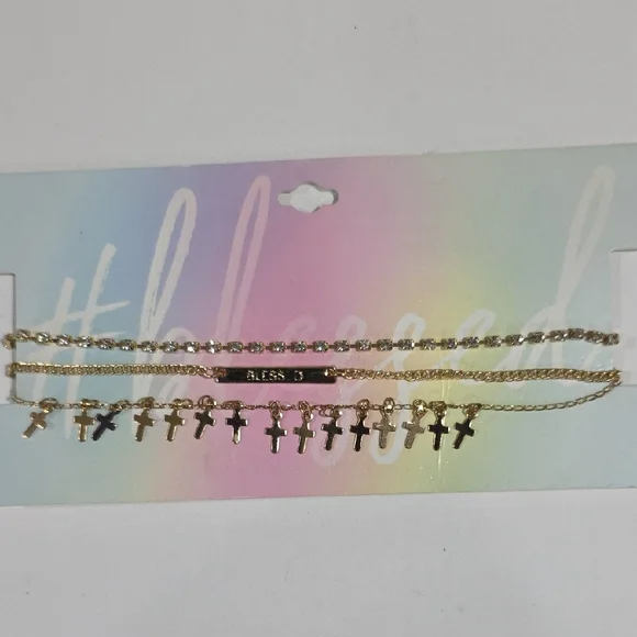 Layered Gold Cross Necklace Set – Blessed Faith Charm & Crystal Pendant Jewelry - Picture 3 of 9